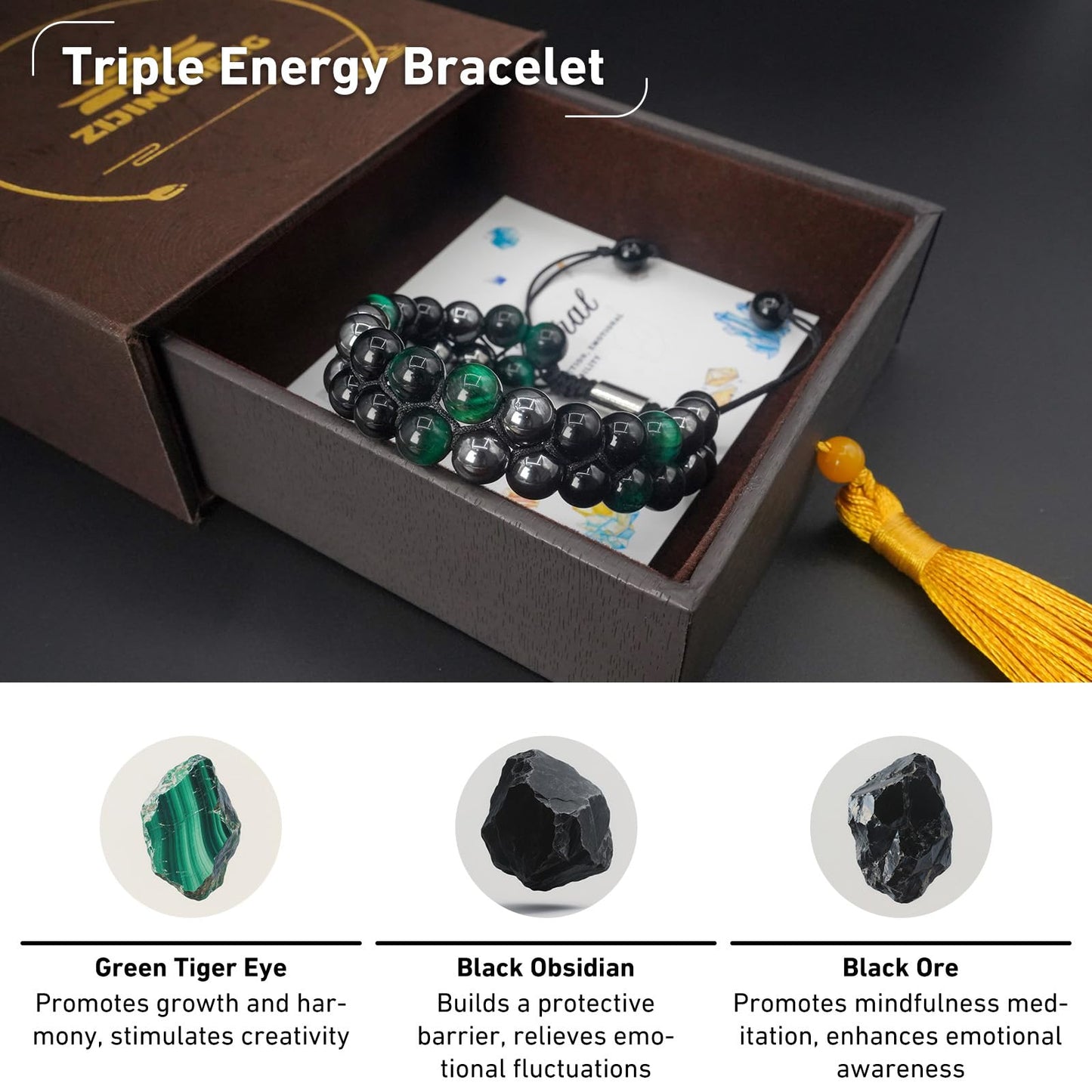 Triple Protection Energy Bracelet, Healing Crystals for Negative Energy Protection, Unisex Amulet with Obsidian, Tiger Eye, and Onyx Stones, Spiritual Jewelry for Men and Women, Healing, Manifestation, and Wellness(8mm Green Tiger Eye Balance Bracelet)