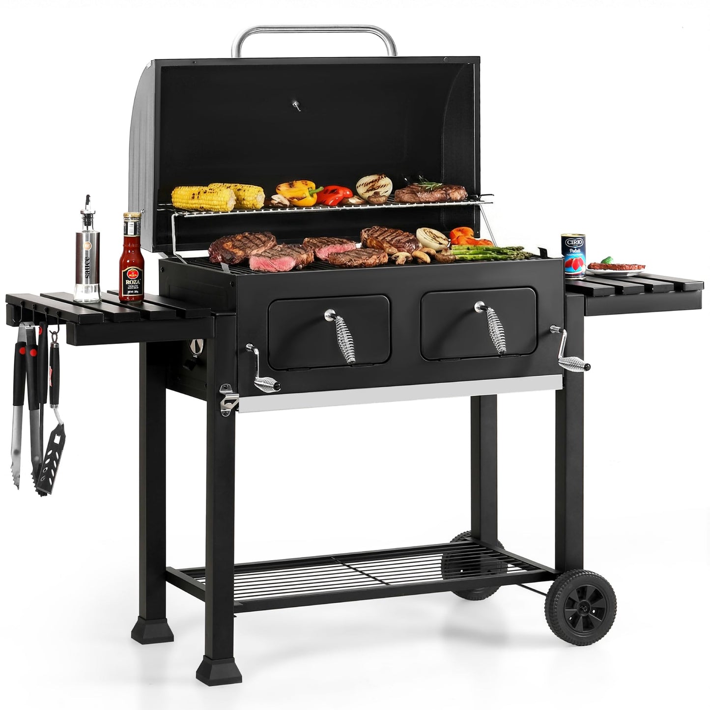 Sophia & William Extra Large Charcoal BBQ Grills with 794 SQ.IN. Cooking Area, Heavy Duty Outdoor Barbecue Grill with 2 Individual Lifting Charcoal Tray and 2 Foldable Side Table, Black