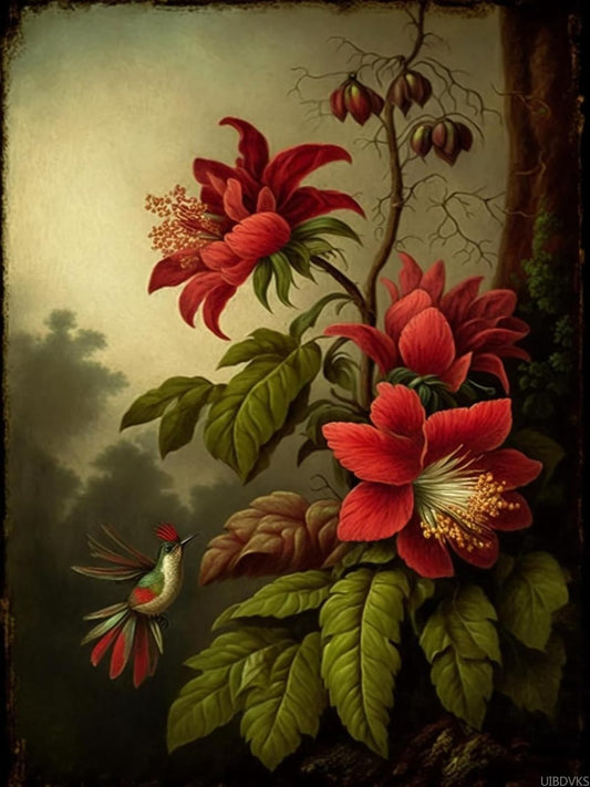 Diamond Painting Kits Red Vintage Flowers, Cross Stitch Round Diamond DIY Diamond Painting, for Holiday Gifts Wall Decor Home Decor for Beginners 12x16inch