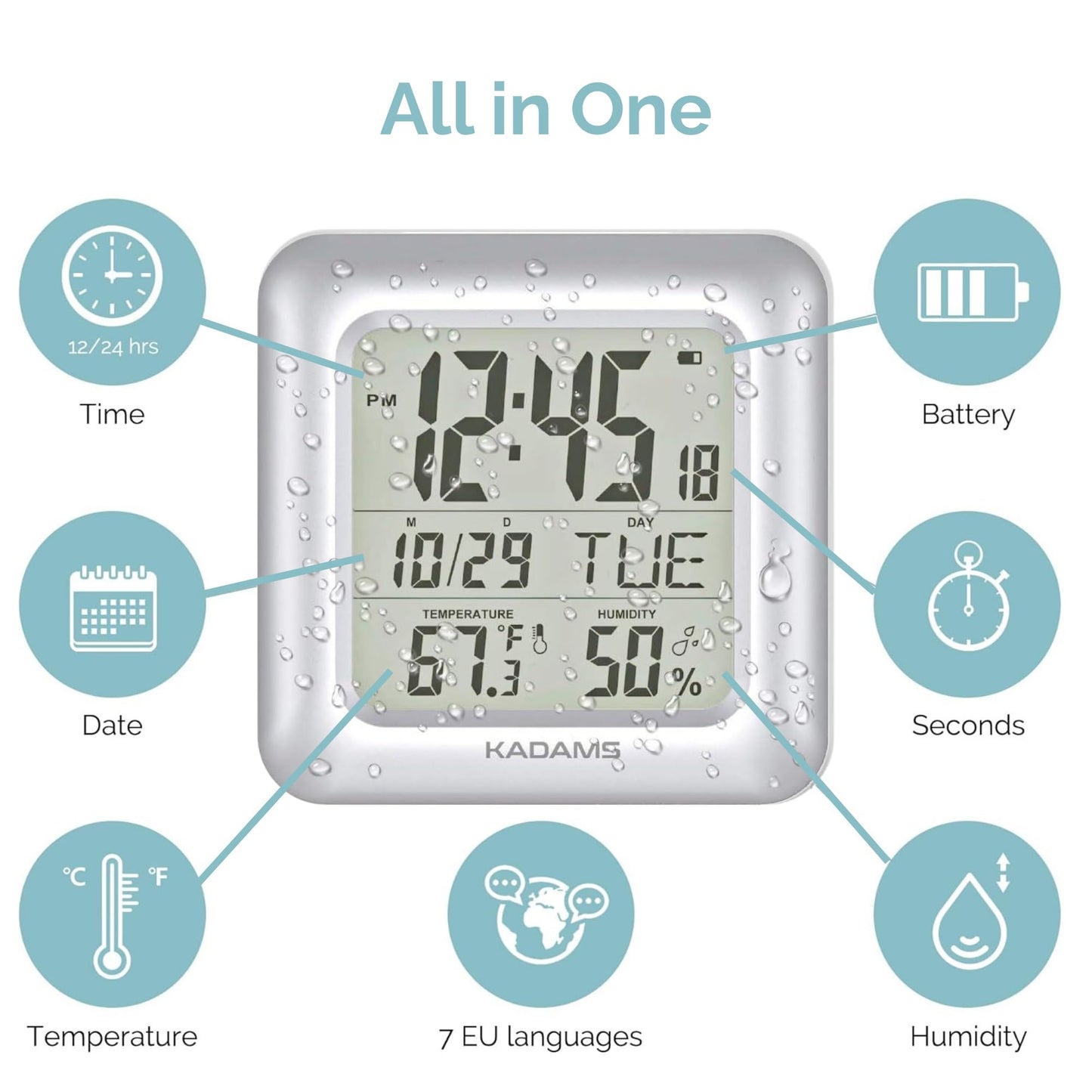 KADAMS Bathroom Clock 9.5" Kitchen Wall Clock with Large LCD Screen – Shower Clock with Suction Cup,Temperature, Humidity, Calendar – Water-Resistant, 4 Mounting Options, Silver