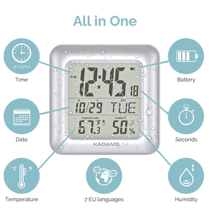 KADAMS Bathroom Clock 9.5" Kitchen Wall Clock with Large LCD Screen – Shower Clock with Suction Cup,Temperature, Humidity, Calendar – Water-Resistant, 4 Mounting Options, Silver