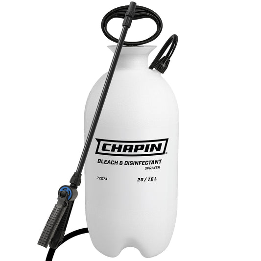 Chapin 22074 Bleach Pump Sprayer, 2‑Gallon, Lawn & Garden, Bleach‑Resistant Poly Tank, Funnel‑Top, Anti‑Clog Filter, Adjustable Cone Nozzle, 40" Hose for Cleaning, Mold & Disinfecting Applications
