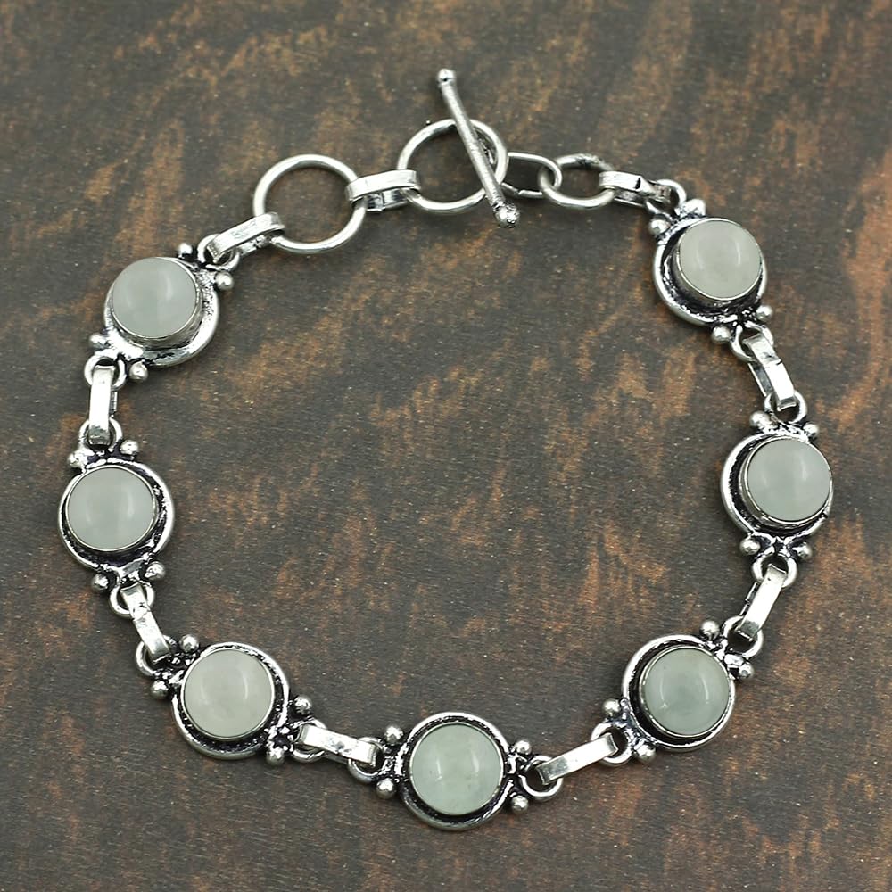 Natural Aquamarine 925 Silver Plated Round Gemstone Adjustable Bracelet for Women - March Birthstone Bohemian Vintage Style Handmade Jewelry Bracelet - Gift for Her