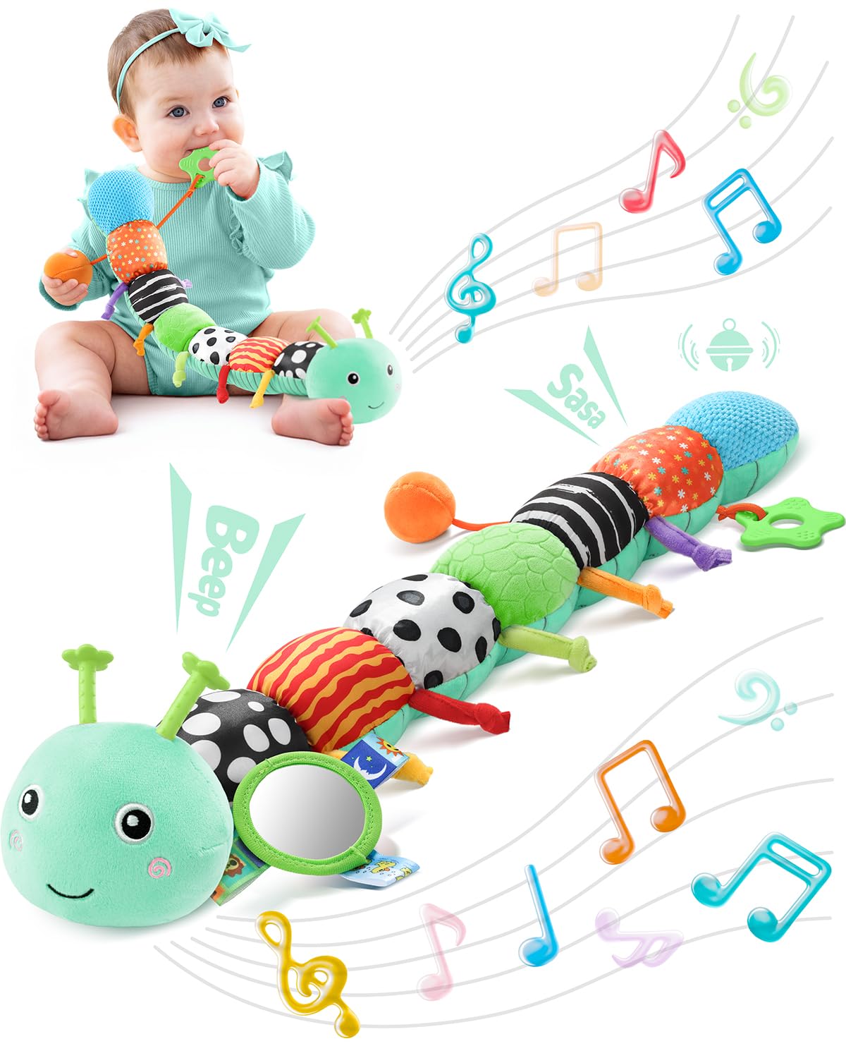 LIGHTDESIRE Baby Toys 6-12 Months Musical Caterpillar,Infant Toys 0-6 Months Sensory Toy with Ruler Design,Mirror,Pull String,Crinkle&Rattles,Baby Teething Toy for Tummy Time Boy Girl Gifts (Ice Blue)