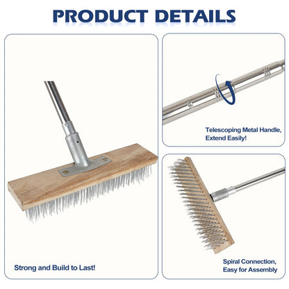 ROLKAR Floor Scrub Brush, Deck Brushes for Scrubbing Heavy Duty, Concrete Scrubber Outdoor Broom, Metal Wire Pool Brush Stainless Steel, Garage Patio Gunite Tile Algae Moss Cleaning Tool Long Handle