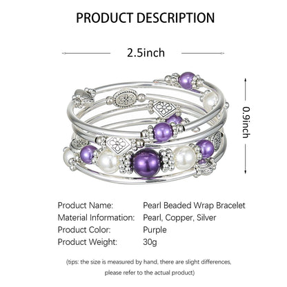 FULU AUTUMN Beaded Pearl Bangle Bracelets for Women Silver Wrap Bangles Bracelet Womens Costume Jewelry Fashion Gift(18-Purple)