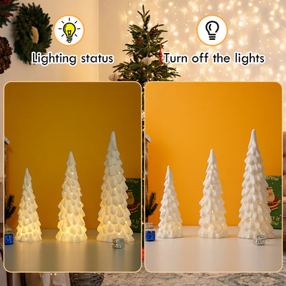 Luxstyra 3 Pcs White Ceramic Christmas Trees with Lights, Table Top Christmas Decor, Porcelain Tree Figurine with Timer, Small Ceramic Christmas Trees Set, White Tabletop Christmas Tree for Mantel