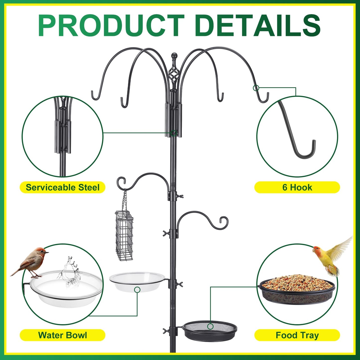 MorningRo Adjustable Shepherd Hook Stand, 34"- 55" Black Iron Shepherd Hook with Base for Plant Hanging, Wind Chime & Bird Feeder - Outdoor Garden Porch Decoration(Elegant Style)