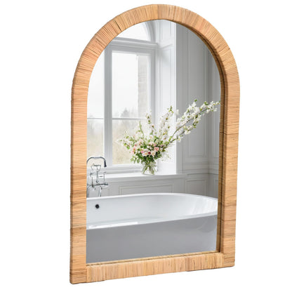 FUIN Boho Rattan Wall Mirror 20×30 Inch Arched Natural Rattan Frame – Farmhouse Bathroom Vanity Mirror – Wicker Decorative Hanging Mirror for Living Room, Bedroom, Entryway