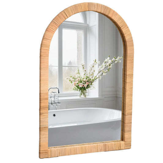 FUIN Boho Rattan Wall Mirror 20×30 Inch Arched Natural Rattan Frame – Farmhouse Bathroom Vanity Mirror – Wicker Decorative Hanging Mirror for Living Room, Bedroom, Entryway