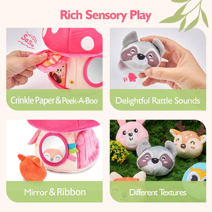 hahaland Baby Toys 6-12 Months - Montessori Toys for 6 Month Old Girl, My First Mushroom House with Stuffed Jungle Animals, Rattle, Crinkle Paper, Mirror, Sensory Toy Baby Girl Gifts