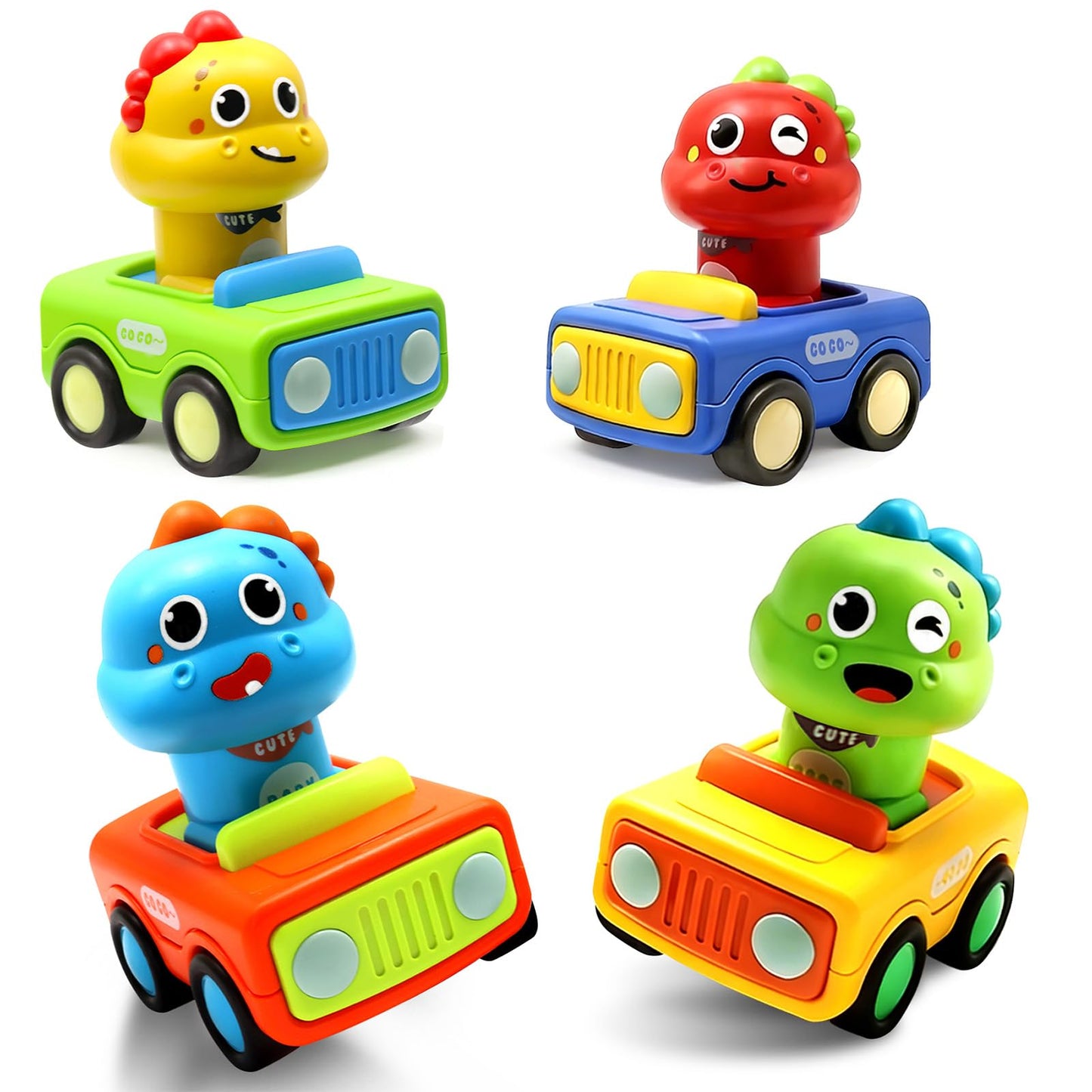 Pbooo Press to Go Car, Dinoaur Car Toys for Toddlers 1-3, Kids' Play Vehicles and Race Cars, Push Go Cars for 6-12-18 Month, Ideal Christmas and Birthday Gift for 1-2 Year Old Kids
