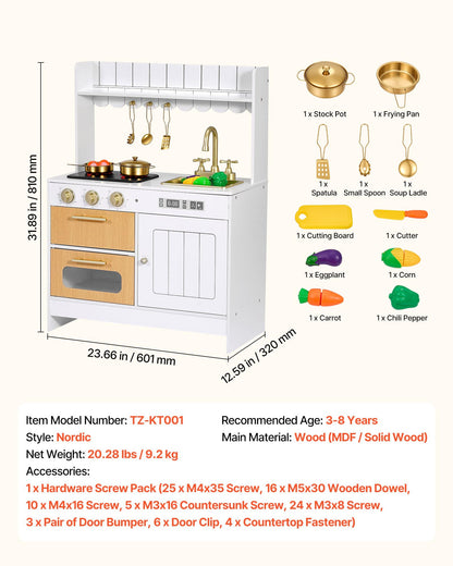 VEVOR Play Kitchen for Kids, Wooden Kids Kitchen Playset with Real Lights & Sounds, Food & Cookware Accessories, Pretend Play Toy Set, Sink, Oven, Stove, Cabinet, for Toddlers, Girls & Boys Ages 3-8