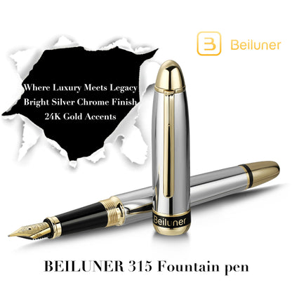BEILUNER 315 Silver Chrome Fountain Pen,Stunning Luxury Pens with 24K Gold Accents, Gorgeous 24K Gilded Nib(Medium), Ink Converter,Fancy Pen Gift for Men&Women-Elegant, Office, Reliable, Nice Design