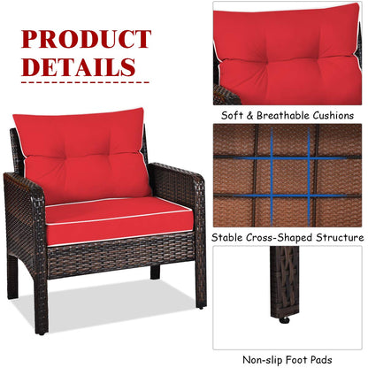 Tangkula 3 Piece Outdoor Patio Furniture Set, Wicker Chairs Set with Glass Top Coffee Table, Thick Cushions, All Weather Garden Lawn Poolside Backyard Porch Furniture Set for 2 (Red)