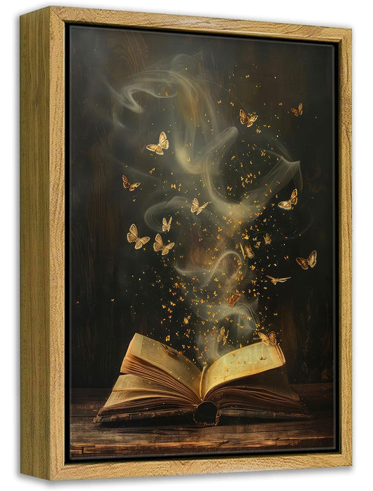 Framed Moody Victorian Bookish Wall Art Dark Academia Library Canvas Wall Decor Picture Vintage Reading Nook Butterfly Aesthetic Painting Poster Print for Gallery Library Bookstore Decoration 8x10in