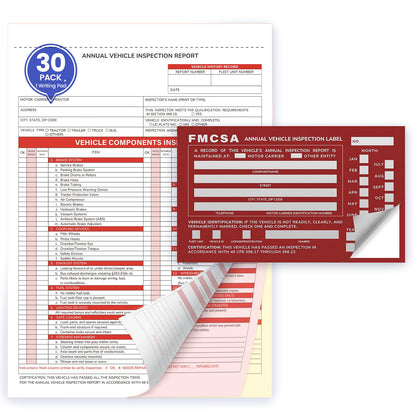 Annual Vehicle Inspection Record Kit – 3-Part NCR Forms (30 Sets) + High-Visibility Adhesive Labels (30) – for Trucks & Fleet Recordkeeping | Supports 49 CFR §396.17