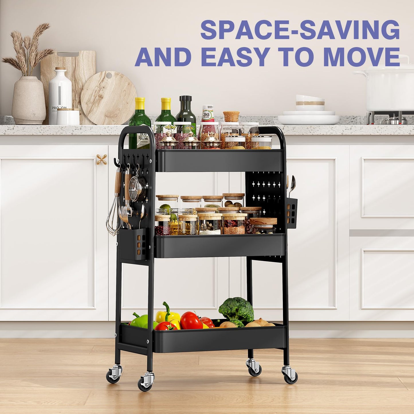 KINGRACK 3 Tier Rolling Cart with DIY Pegboard, Metal Utility Cart with Wheels, Hooks & Baskets, Sturdy Storage Organizer for Craft, Bathroom, Kitchen, Office, Nursery, Classroom