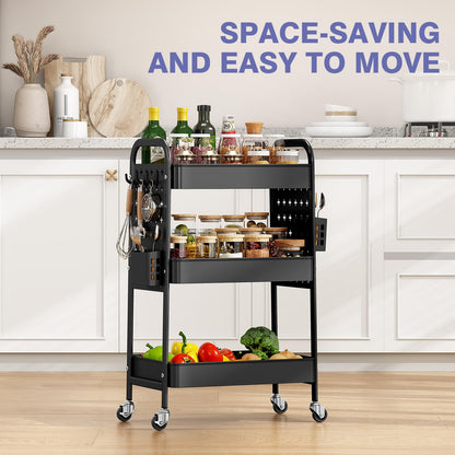 KINGRACK 3 Tier Rolling Cart with DIY Pegboard, Metal Utility Cart with Wheels, Hooks & Baskets, Sturdy Storage Organizer for Craft, Bathroom, Kitchen, Office, Nursery, Classroom