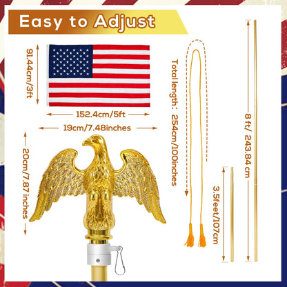 Hicarer 2 Set Metal Telescoping Indoor Flag Pole with Base and Eagle Topper, 250th Independence Day Veteran Day Portable Flag Pole Kit American Heavy Duty Aluminum Us for 250th Office School (8 ft)