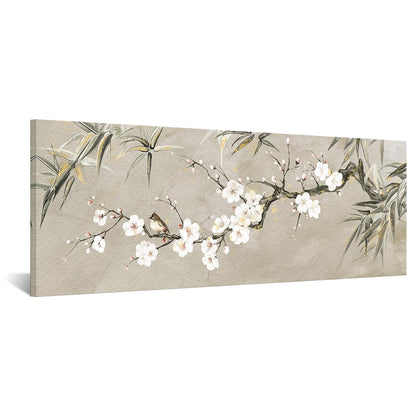 KREATIVE ARTS Large Bamboo Plum Blossoms Chinese Traditional Wall Art Canvas Painting with Birds, Black Grey Gold Print, Modern Home Living Room Decoration, 20x55 Inches