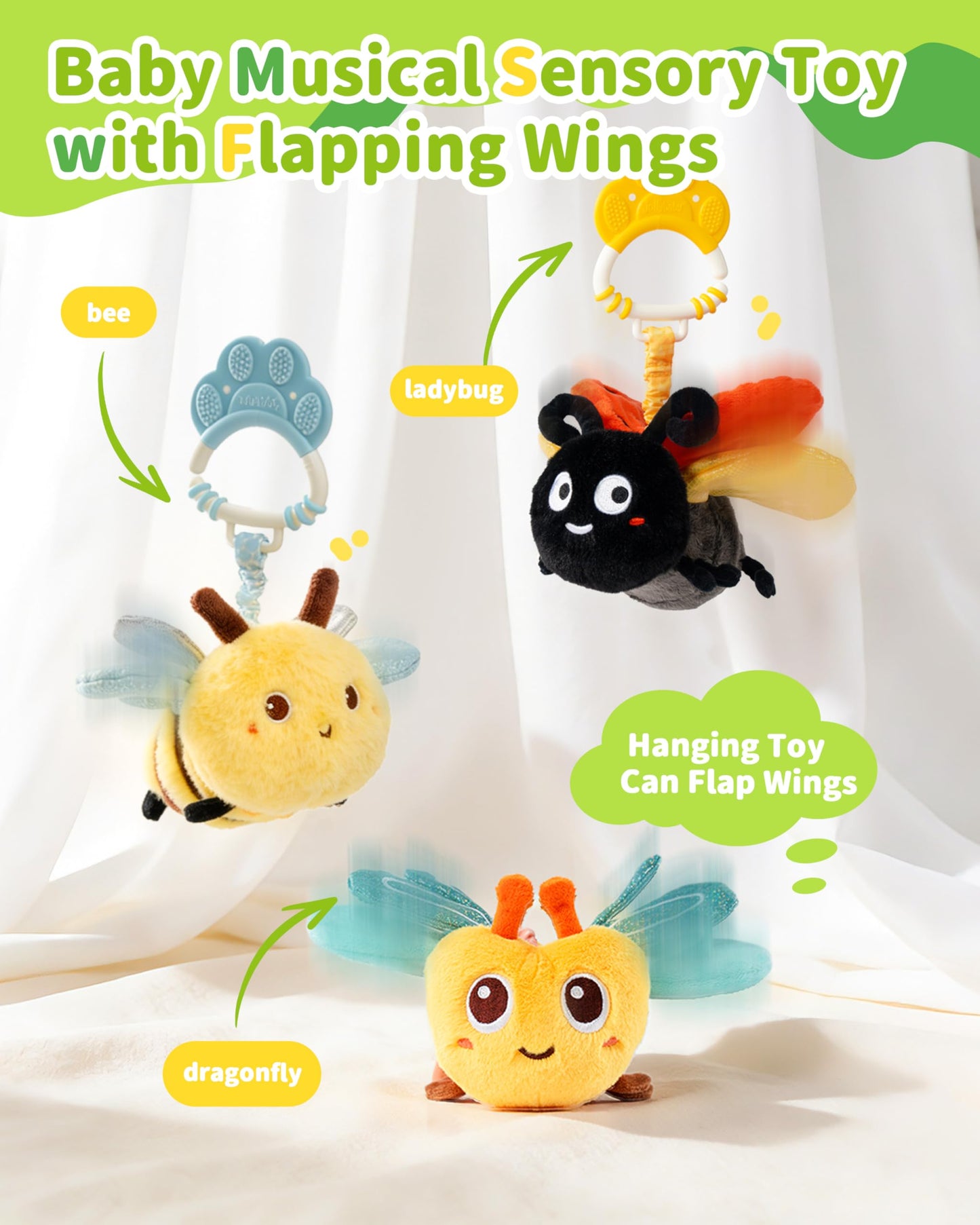 Jollybaby Musical Flying Ladybug Toy - Car Seat, Stroller, Crib & Play Gym Hanging Toys for Baby 0-6-12-24 Months, Tummy Time Sensory Music Toy for Infant Boys and Girls Gifts
