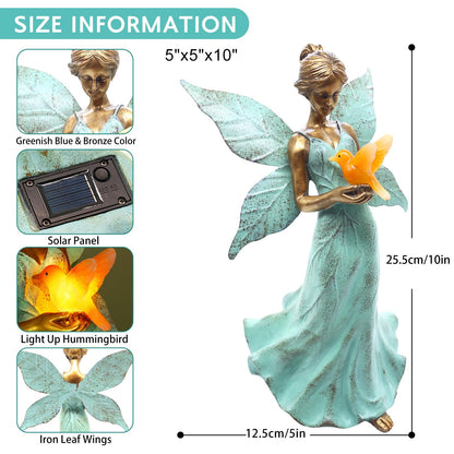 Solar Fairy Garden Statue Decor - Gifts for Women Mom Mother's Day, 10 Inch Angel Girls Resin Figurine Waterproof Home Decoration with Hummingbird LED Lights for Bedroom Balcony Table Yard Patio