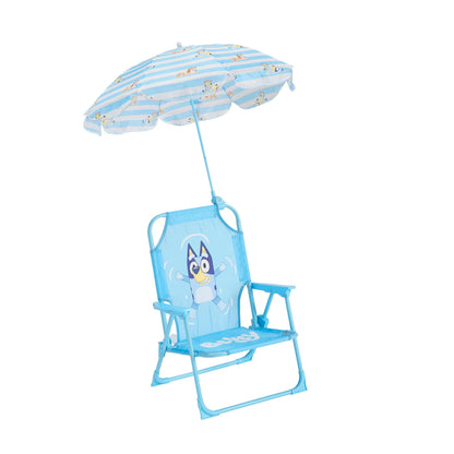 Idea Nuova Bluey Kids Outdoor Folding Beach Chair with Umbrella,Portable Camp Chair for Ages 3+, Lightweight & Compact for Beach, Camping, and Backyard