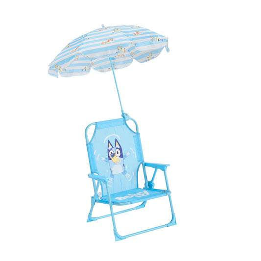 Idea Nuova Bluey Kids Outdoor Folding Beach Chair with Umbrella,Portable Camp Chair for Ages 3+, Lightweight & Compact for Beach, Camping, and Backyard