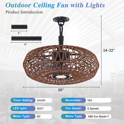 She's home 20'' Outdoor Gazebo Fan with Lights and Remote, Outside/Indoor Hanging Rattan Ceiling Fan, 3CCT Dimmable, 6-Speed DC Motor, Plug-in Wicker Woven Caged Ceiling Fans for Patio Porch Pergola