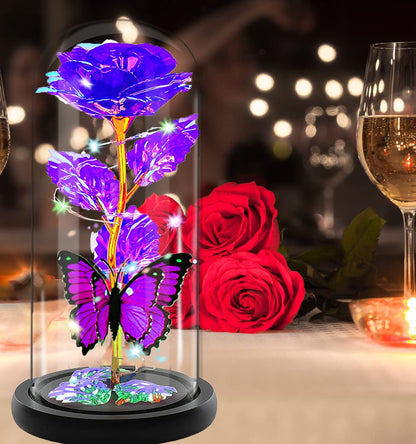 Mothers Day Rose Flower Gifts for Mom, Birthday Gifts for Women, Galaxy Crystal Light Up Rose Flowers in A Glass Dome, Mother Day Presents Wife Grandma Sister Her Mom from Daughter Butterfly Purple
