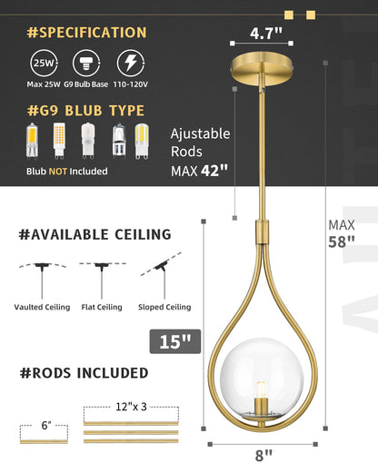 AUTELO 2 Pack Gold Pendant Lights, Hanging Lamp in Brushed Gold Finish with Clear Globe Glass, Mid Century Pendant Lights Kitchen Island with Adjustable Rods for Kitchen H9377 CLBG-2PK
