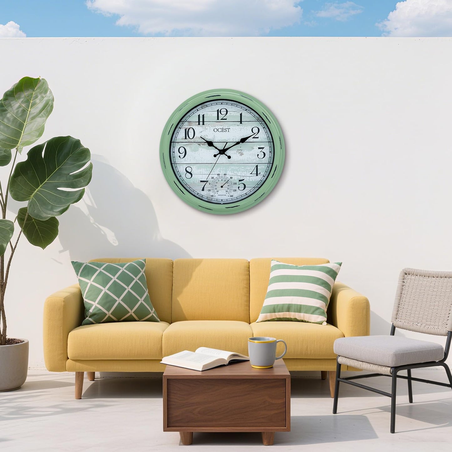 OCEST 16 Inch Indoor Outdoor Clock, Waterproof Large Wall Clock with Thermometer, Silent Non-Ticking Battery Operated Decor for Patio Pool Porch Garden Garage（Retro Green）