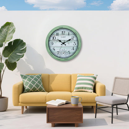 OCEST 16 Inch Indoor Outdoor Clock, Waterproof Large Wall Clock with Thermometer, Silent Non-Ticking Battery Operated Decor for Patio Pool Porch Garden Garage（Retro Green）