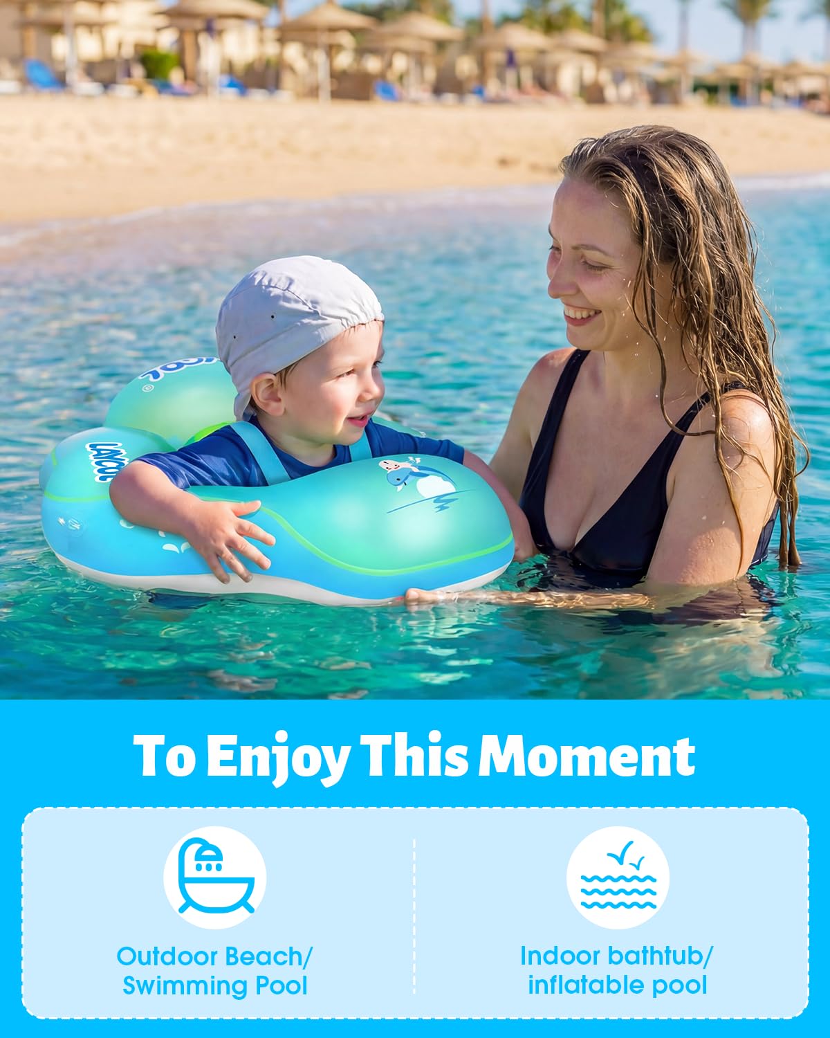 LAYCOL Baby Pool Float with Canopy UPF50+, 5 Point Safety Buckle No Flip Over, Inflatable Toddler Floaties Infant Pool Floats with Double Air Chambers, Baby Beach Essentials/Traval for 3-36M Blue S