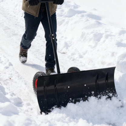 Snow Shovel with Wheels,29" Wide Metal Snow Pusher Shovel with 15" Height &10" Wheels,Adjustable Angle&Height Handle,Effortless Snow Removal,Ergonomic Design for Driveway&Sidewalk (Black Single Rod)