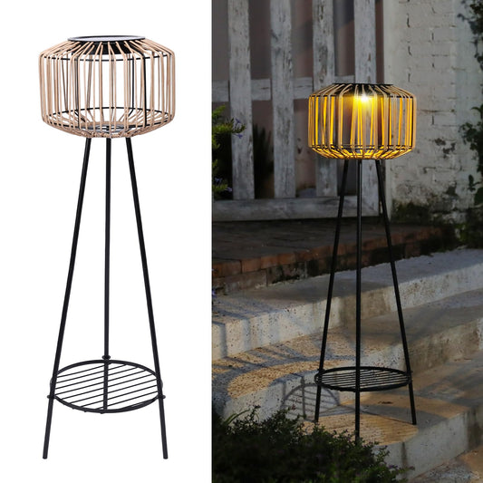 Outdoor Solar Rattan Floor Lamp with Plant Stands, Outdoor Patio Decor Plant Stand for Garden Porch Yard Pathway Driveway Porch