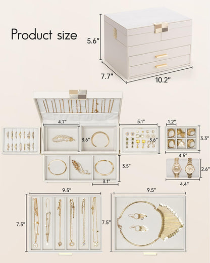 Vlando 4 Layers Jewelry Box - Women Jewelry Box with Retractable Tray - Jewelry Organizer with Drawer for Necklaces, Rings, Bracelets, Earrings, Valentines Gift for Mom Girls - Cloud White