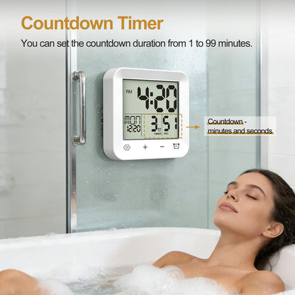 Tikonir Shower Clock Waterproof, Bathroom Digital Clock with Timer, LCD Display, Touch Screen, Suction Cup, Temp, Seconds, Hanging, Hole Stand, Digital Wall Clocks Battery Operated for Kids and Adults