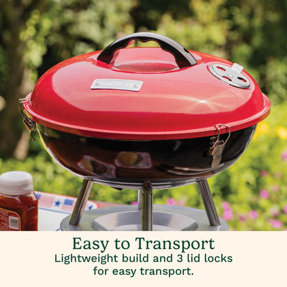 Cuisinart 14" Portable Charcoal Grill, Tabletop Outdoor Small Grill with Locking Lid and Dual Vents, Chrome Plated Travel Size BBQ Perfect for Camping, Tailgates, Cookouts, Red