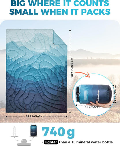 KingCamp Ultralight Camping Blanket, Packable Down Alternative Puffy Printed Wearable Blanket with Snap Buttons & Corner Loops Weatherproof Quilt for Outdoor Travel Stadium (78.7"L x 57.1”W, CYAN)
