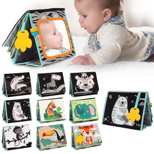 TINITIGIES Tummy Time Mirror for Babies - High Contrast Baby Mirror Book with Silicone Teether & Crinkle Pages - Tummy Time Toys for Babies 0 3 6 9 Months