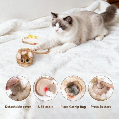 Migipaws Interactive MigiMouse Cat Toy 360° Rolling & Spin with Mesh Plastic Tail for Indoor Cats Smart Motion Sensor, Realistic Squeak, Rechargeable Plush Kitten Toy(Brown Long)