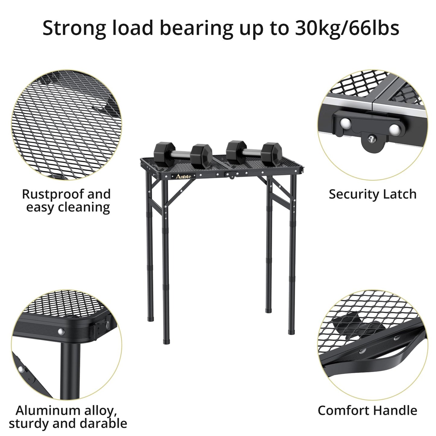 Anbte Folding Grill Table, Aluminum Camping Table Adjustable Height Max 27.5" Picnic Table Outdoor Table, Lightweight, Portable Handle for Travel Cooking BBQ Picnic, 22.8" x 16", Black