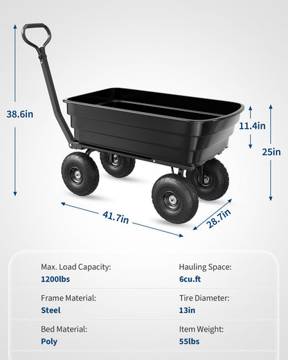 GarveeLife Poly Dump Cart - Heavy Duty 1200lbs Garden Cart with Quick-Release Dumping 13" Tires, Utility Wagon for Yard Work, Landscaping, Gardening