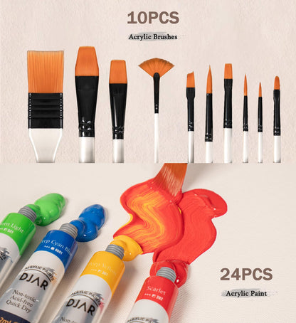 DJAR 49 Pcs Acrylic Paint Set with Tabletop Easel, Painting Kits with 24 Color Acrylic Paints, 11"x 14" Stretched Canvas & More, Art Painting Supplies for Kids Adults Beginner Artists