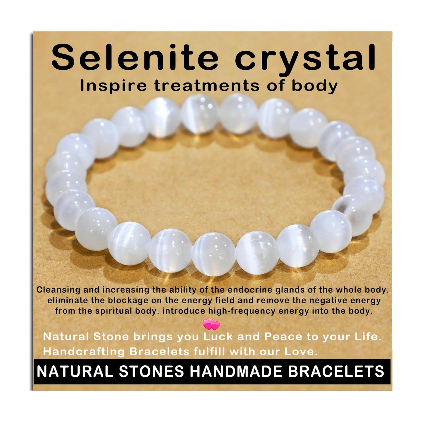 AD Beads Handmade Gemstone Stretch Elastic Bracelet Crystal Healing Reiki Nature's Beauty and Spiritual Essence Unisex (8mm, Selenite Crystal (Inspire Treatments))