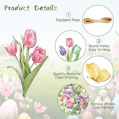 JNYVE 36 Pcs Spring Tree Ornaments: Spring Wooden Flowers Decorations Tulip Butterfly Hanging Decor for Small Tree Home Party