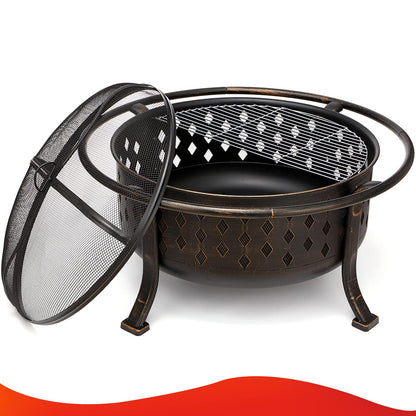 SINGLYFIRE 36 Inch Fire Pits for Outside Large Outdoor Wood Burning Crossweave firepit Heavy Duty Steel Bronze Bonfire Pit for Patio Backyard Garden with BBQ Grate,Spark Screen,Log Grate,Poker