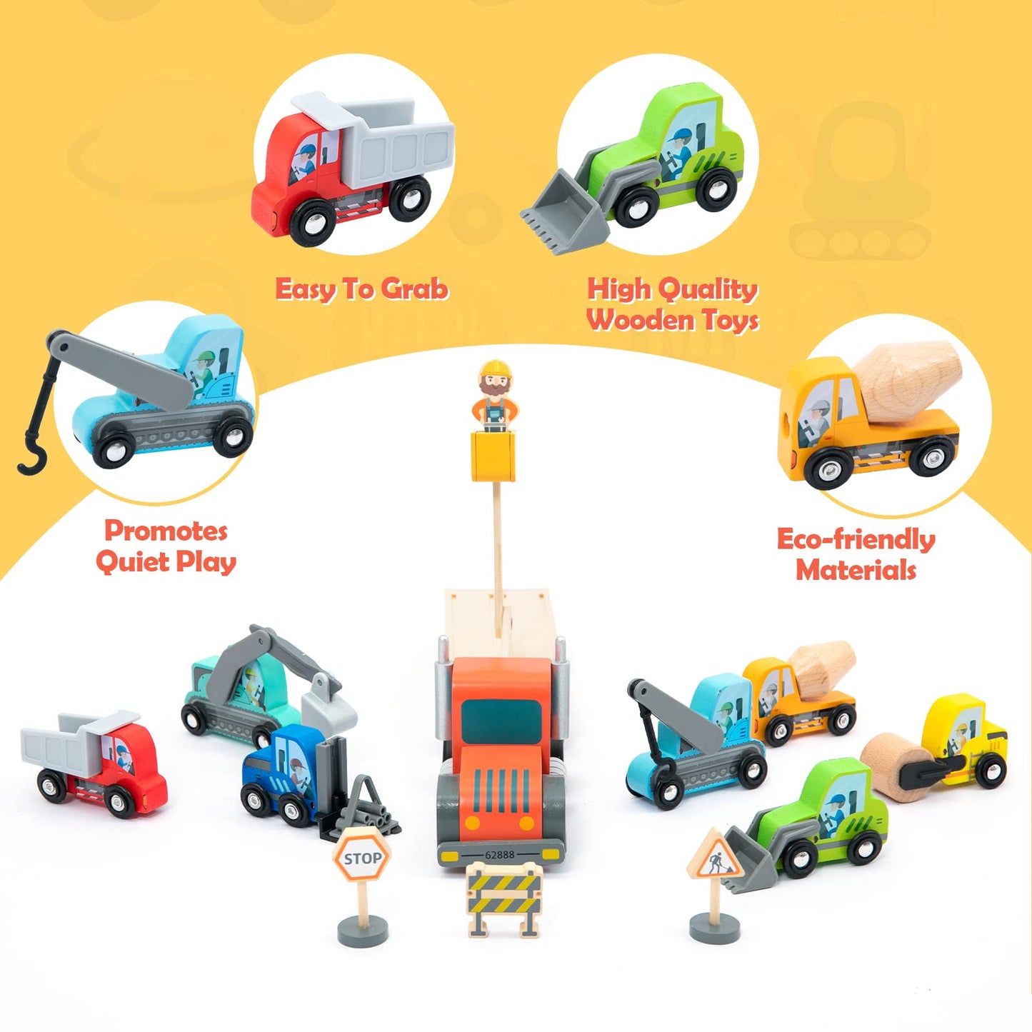 Wooden Construction Site Vehicles with Trailer 14 PCS Set, Vehicle Toys Cars for Toddlers and Kids Ages 3+ Gifts for Boys Girls, Compatible with Thomas and Other Major Brand Train Toy and Railway Set